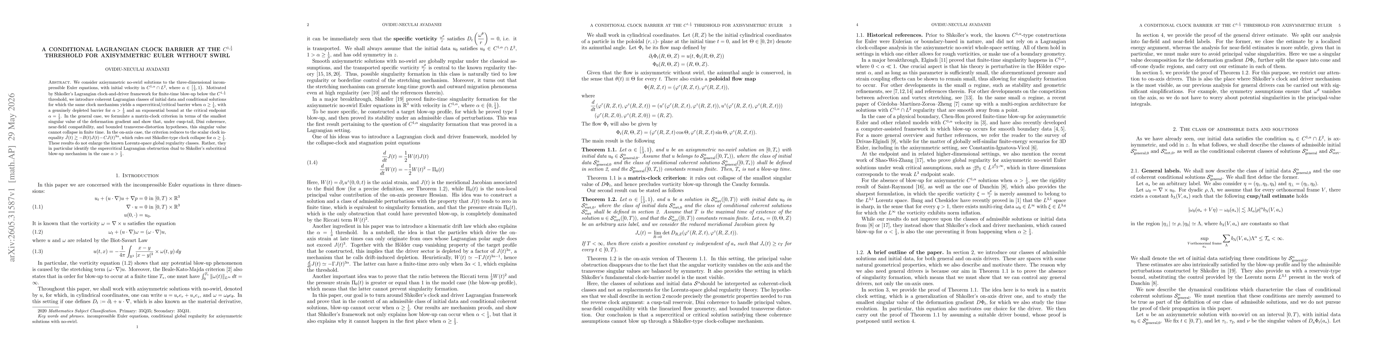 Thumbnail for A conditional Lagrangian clock barrier at the $C^{1,\frac{1}{3}}$ threshold for axisymmetric Euler without swirl