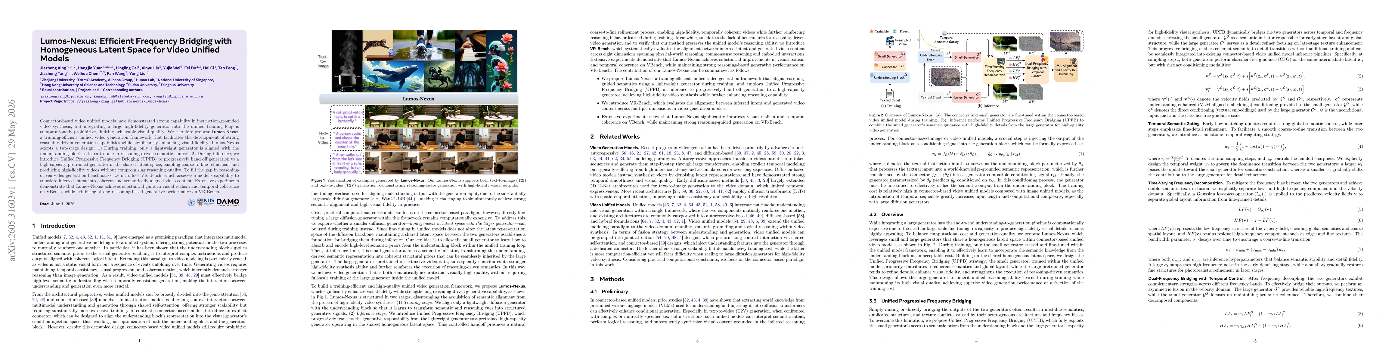 Thumbnail for Lumos-Nexus: Efficient Frequency Bridging with Homogeneous Latent Space for Video Unified Models
