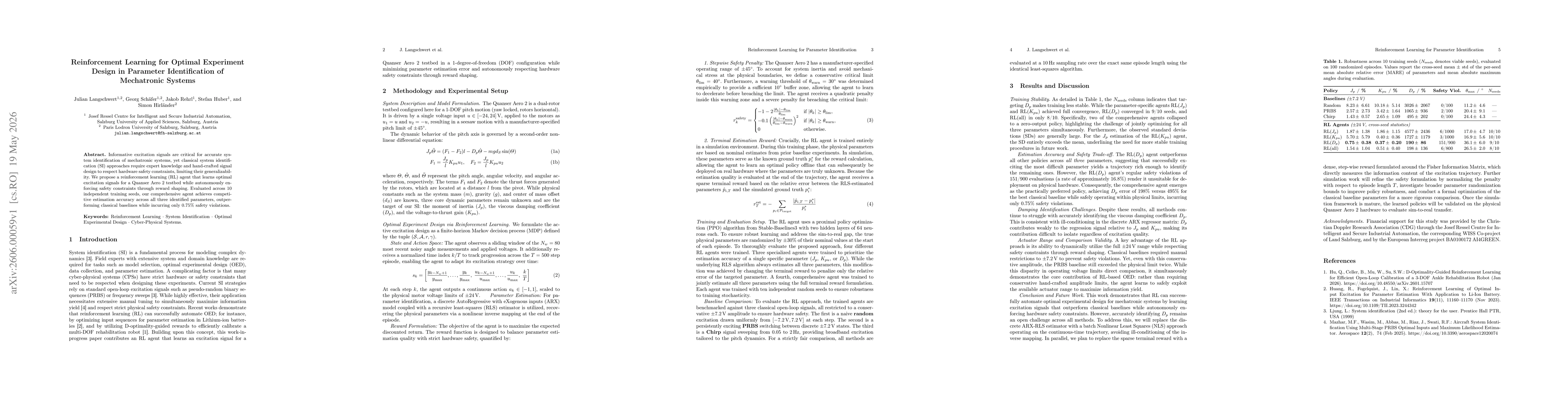 Thumbnail for Reinforcement Learning for Optimal Experiment Design in Parameter Identification of Mechatronic Systems