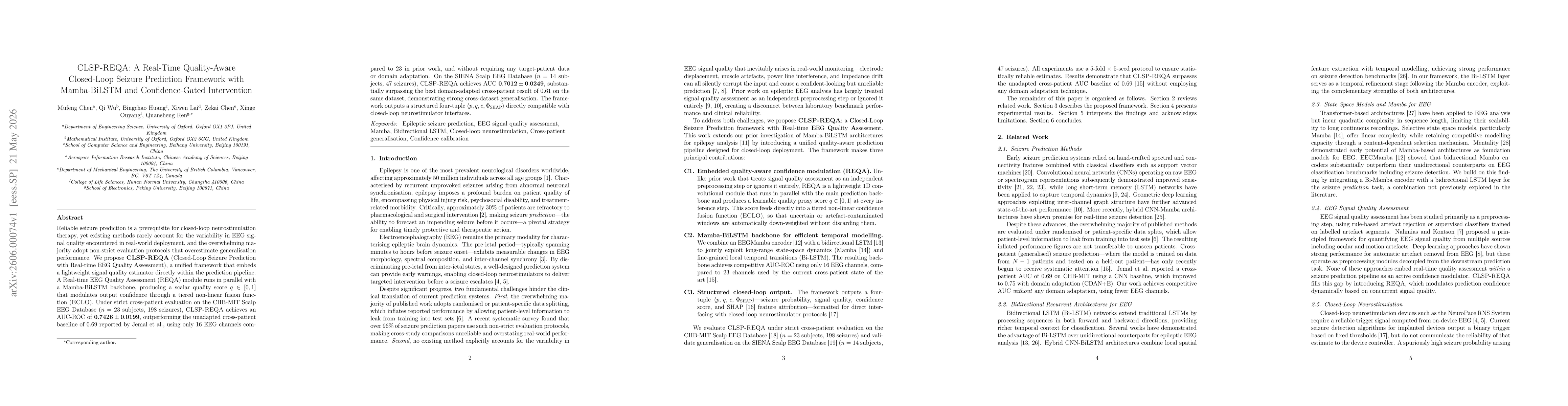 Thumbnail for CLSP-REQA: A Real-Time Quality-Aware Closed-Loop Seizure Prediction Framework with Mamba-BiLSTM and Confidence-Gated Intervention