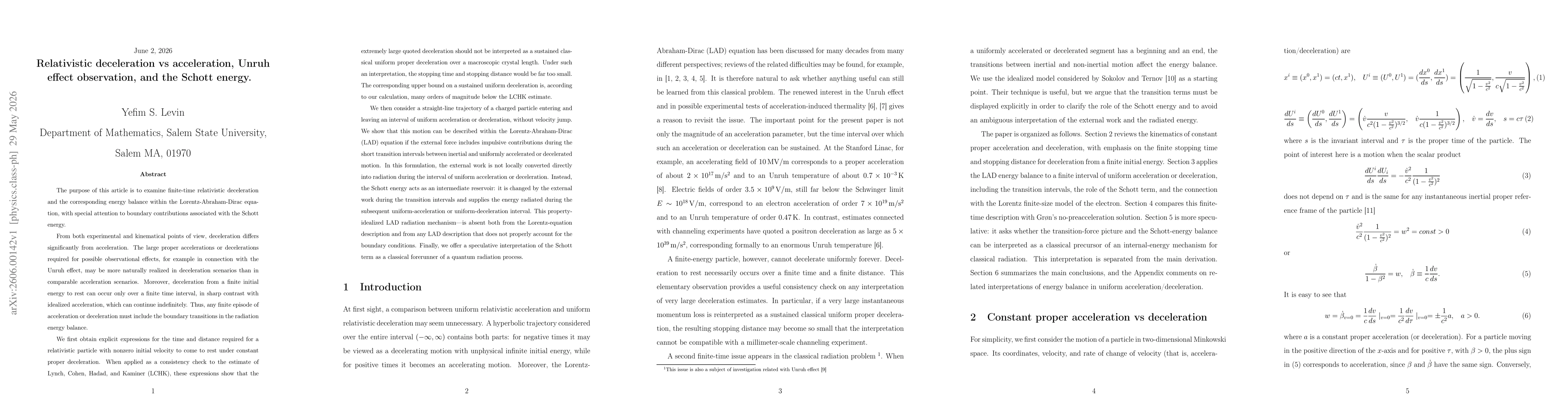 Thumbnail for Relativistic deceleration vs acceleration, Unruh effect observation, and the Schott energy