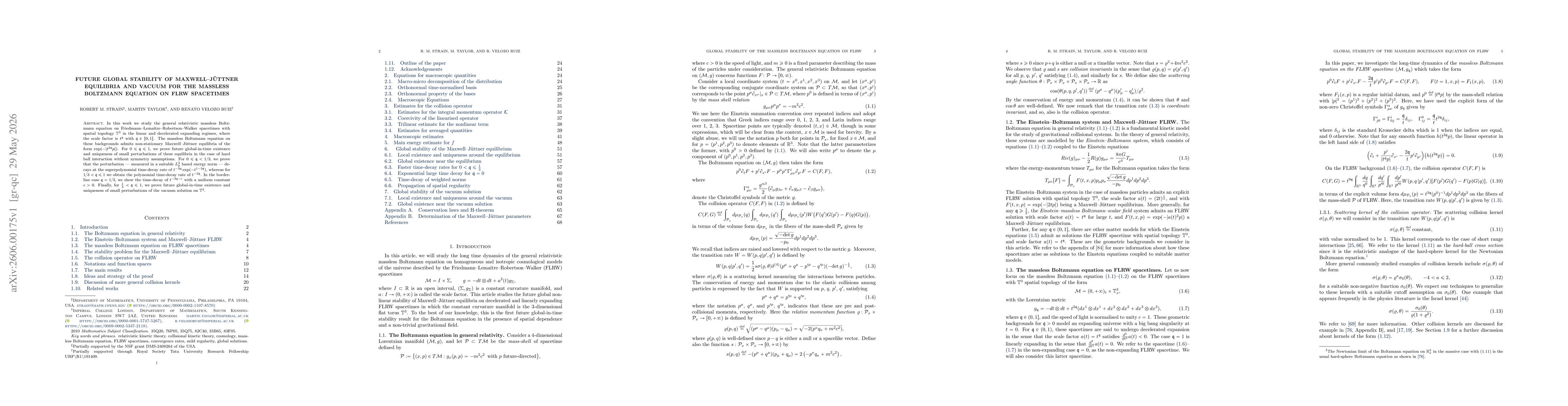 Thumbnail for Future global stability of Maxwell-Jüttner equilibria and vacuum for the massless Boltzmann equation on FLRW spacetimes