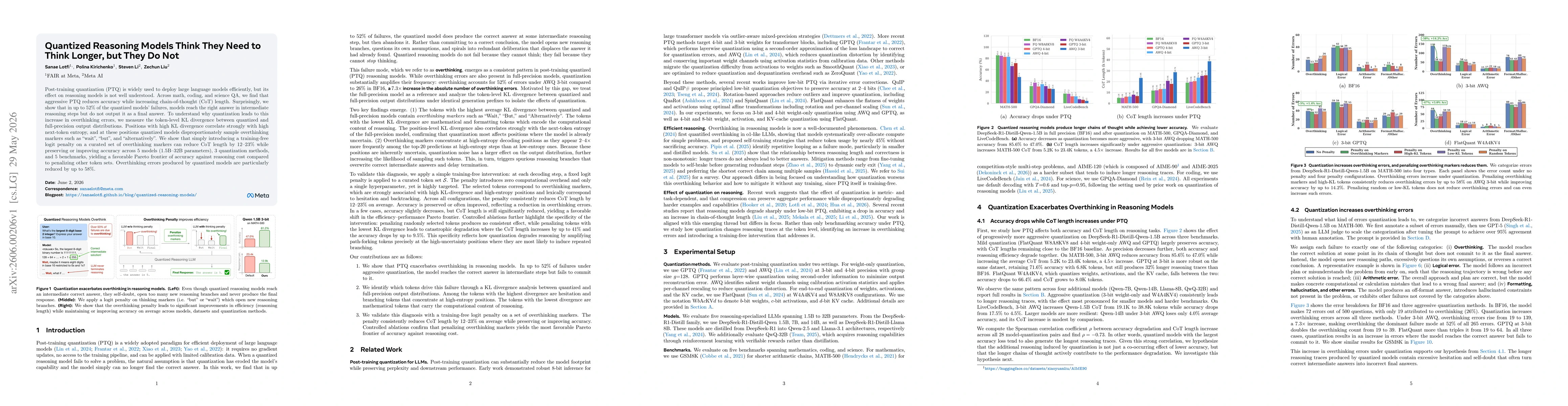 Thumbnail for Quantized Reasoning Models Think They Need to Think Longer, but They Do Not