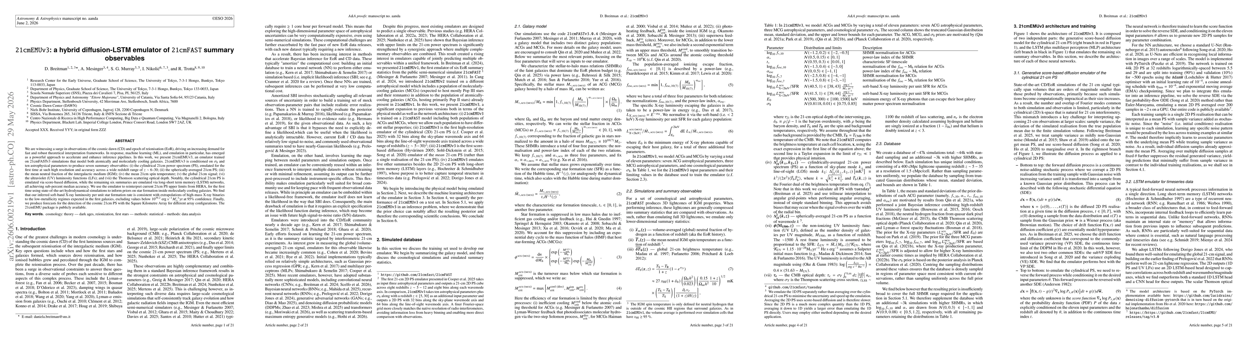 Thumbnail for 21cmEMUv3: a hybrid diffusion-LSTM emulator of 21cmFAST summary observables