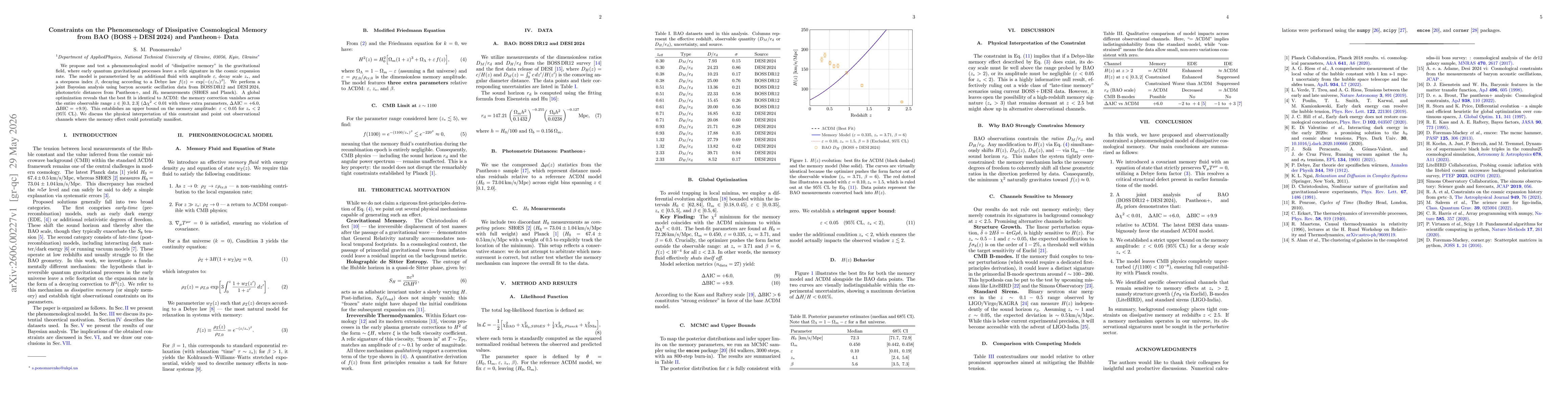 Thumbnail for Constraints on the Phenomenology of Dissipative Cosmological Memory from BAO (BOSS + DESI 2024) and Pantheon+ Data
