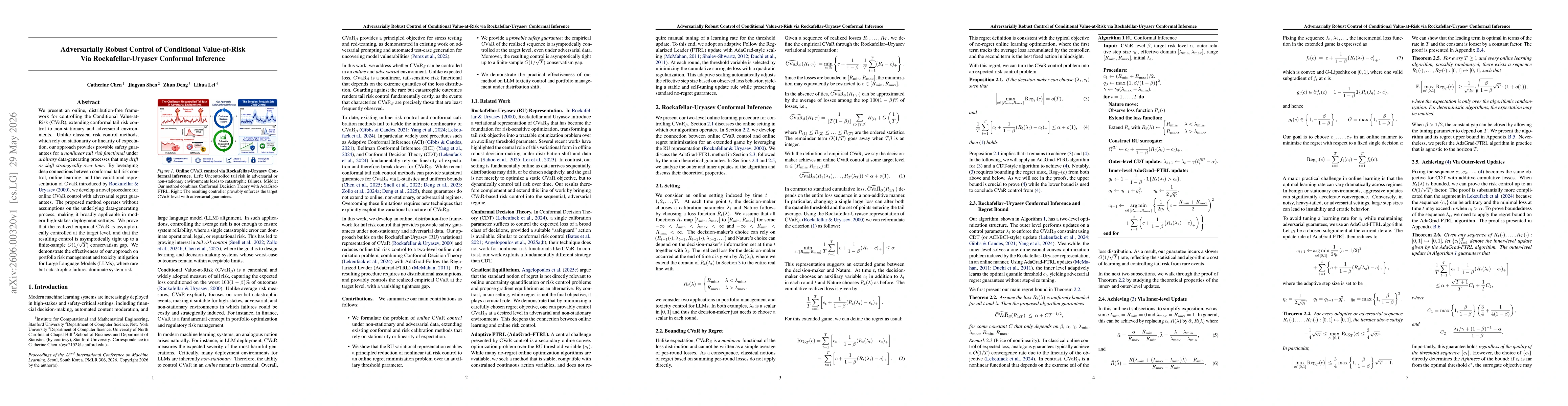 Thumbnail for Adversarially Robust Control of Conditional Value-at-Risk via Rockafellar-Uryasev Conformal Inference