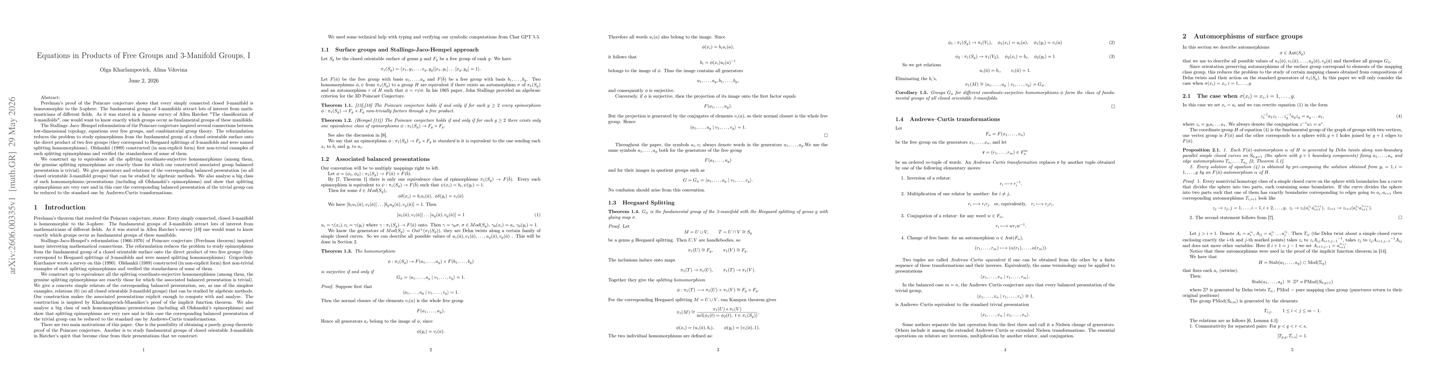 Thumbnail for Equations in Products of Free Groups and 3-Manifold Groups, I