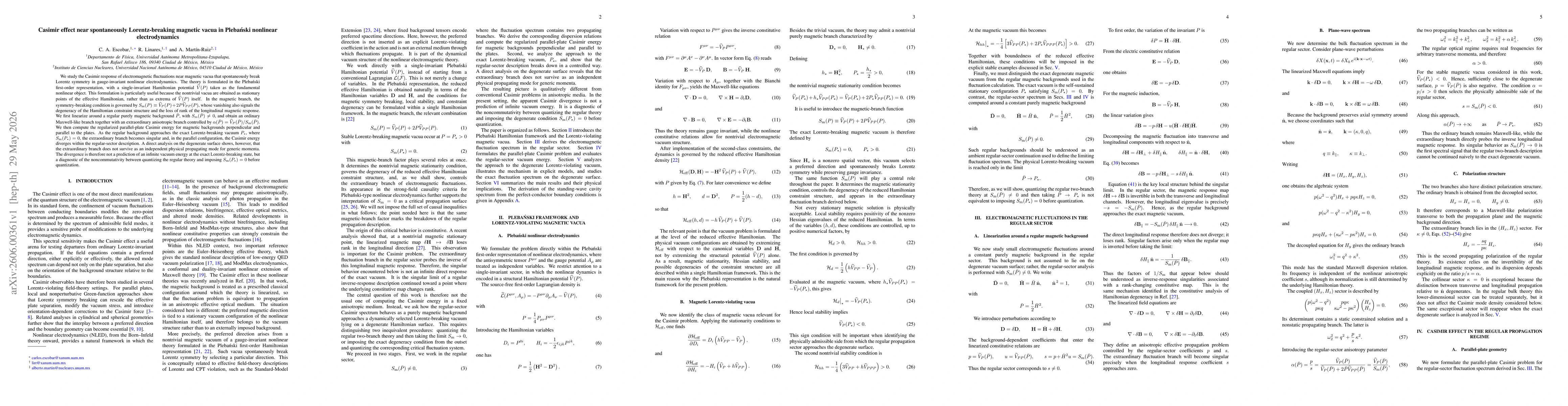 Thumbnail for Casimir effect near spontaneously Lorentz-breaking magnetic vacua in Plebański nonlinear electrodynamics