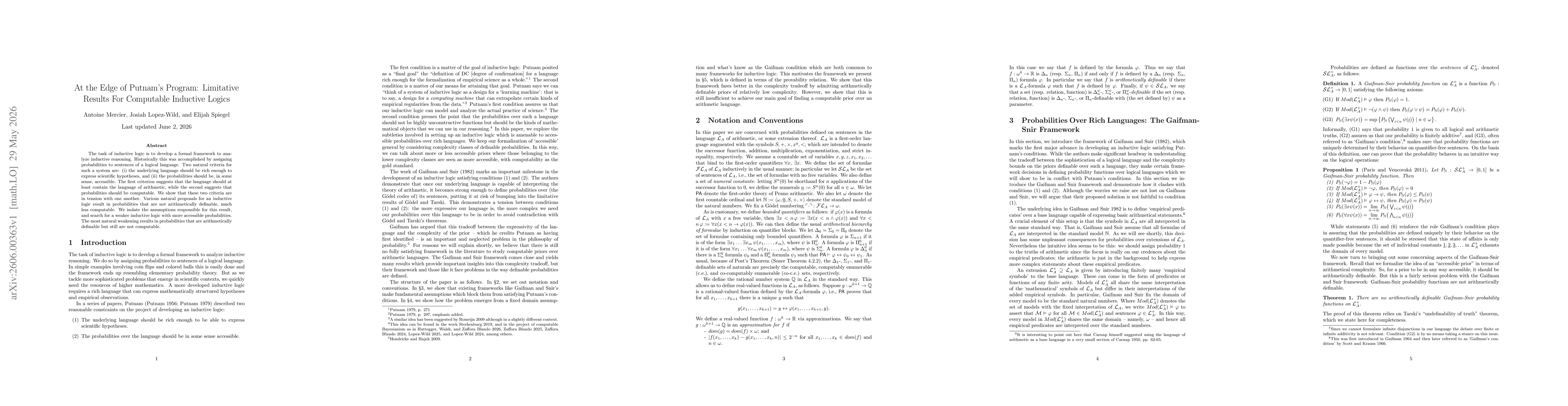 Thumbnail for At the Edge of Putnam's Program: Limitative Results For Computable Inductive Logics