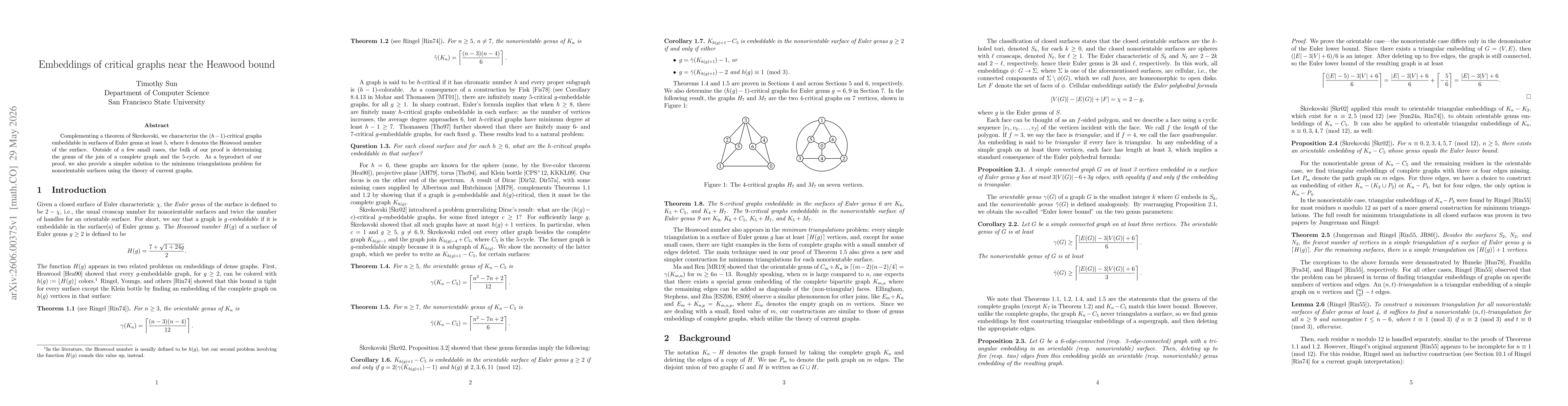Thumbnail for Embeddings of critical graphs near the Heawood bound