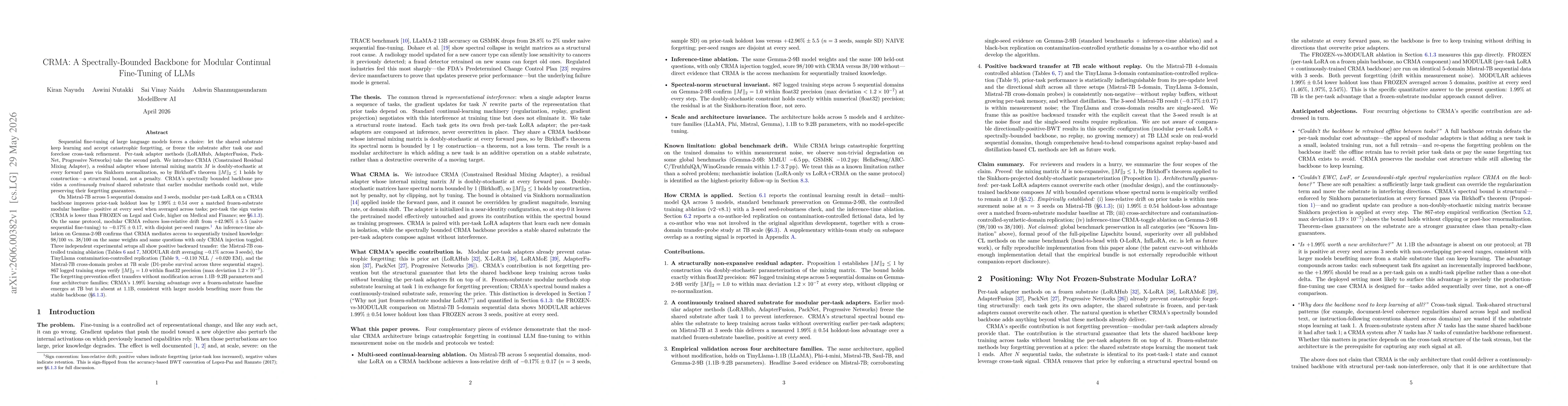 Thumbnail for CRMA: A Spectrally-Bounded Backbone for Modular Continual Fine-Tuning of LLMs