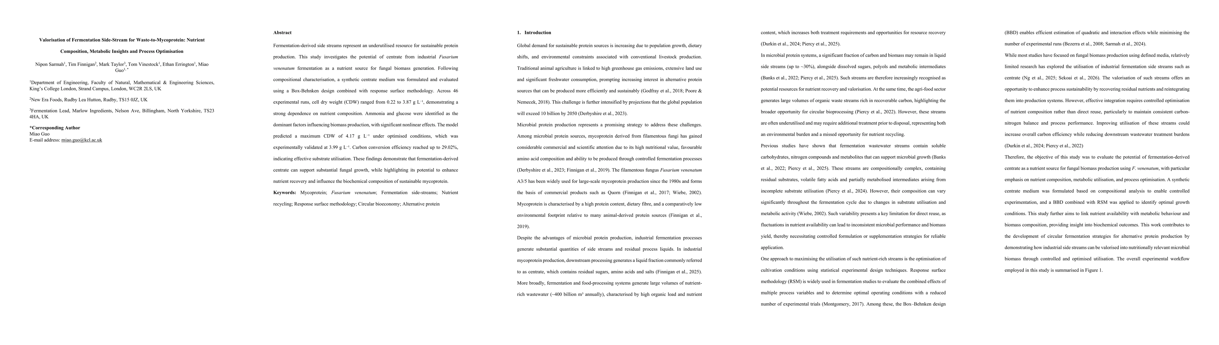 Thumbnail for Valorisation of Fermentation Side-Stream for Waste-to-Mycoprotein: Nutrient Composition, Metabolic Insights and Process Optimisation