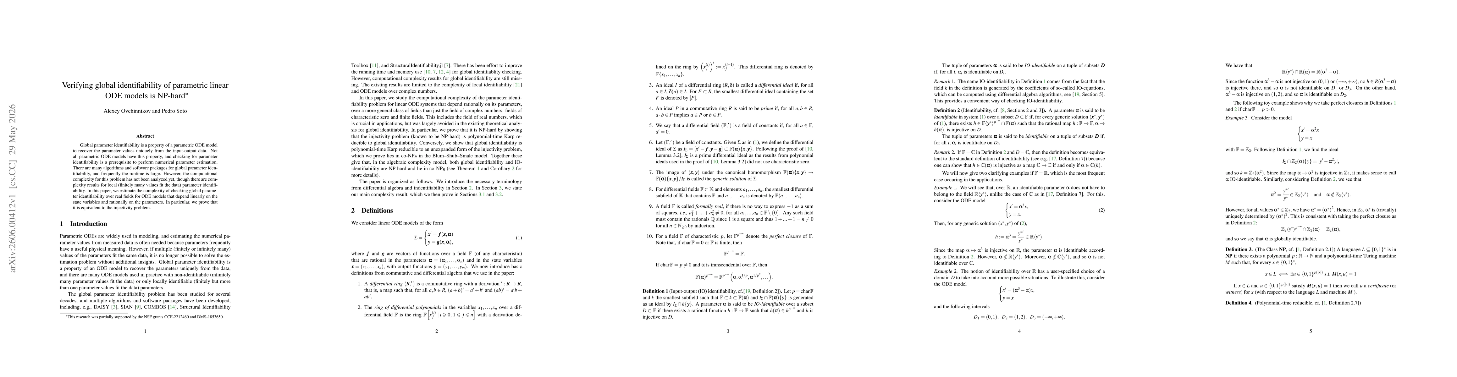 Thumbnail for Verifying global identifiability of parametric linear ODE models is NP-hard