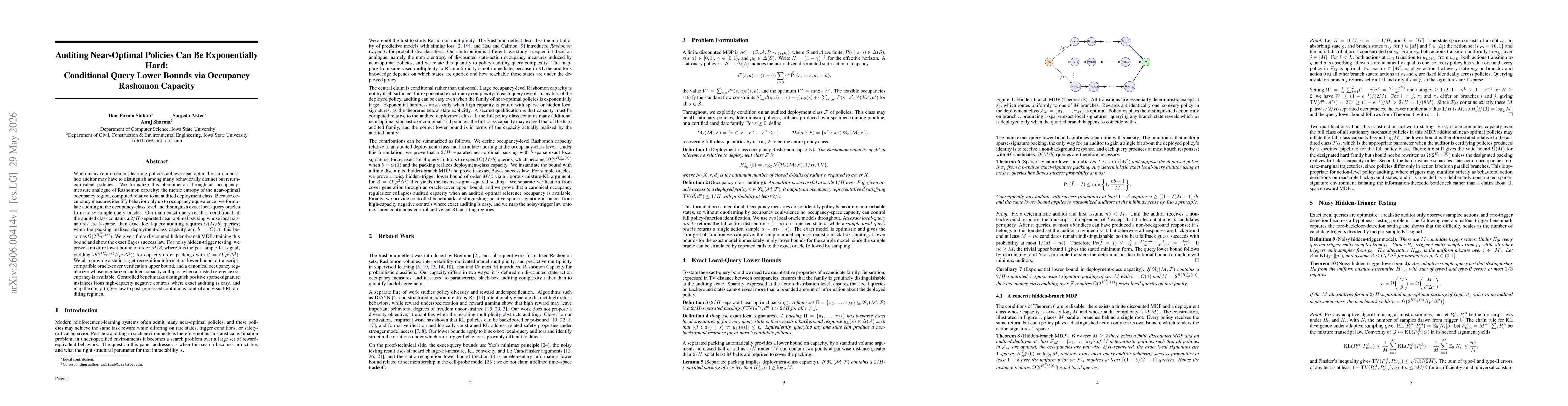 Thumbnail for Auditing Near-Optimal Policies Can Be Exponentially Hard: Conditional Query Lower Bounds via Occupancy Rashomon Capacity