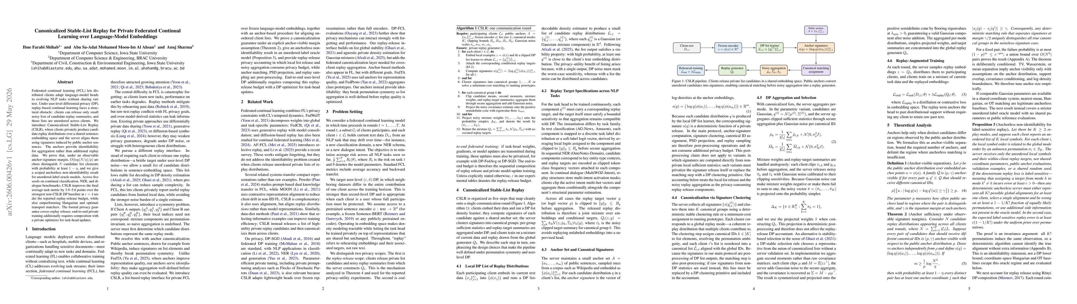 Thumbnail for Canonicalized Stable-List Replay for Private Federated Continual Learning over Language-Model Embeddings