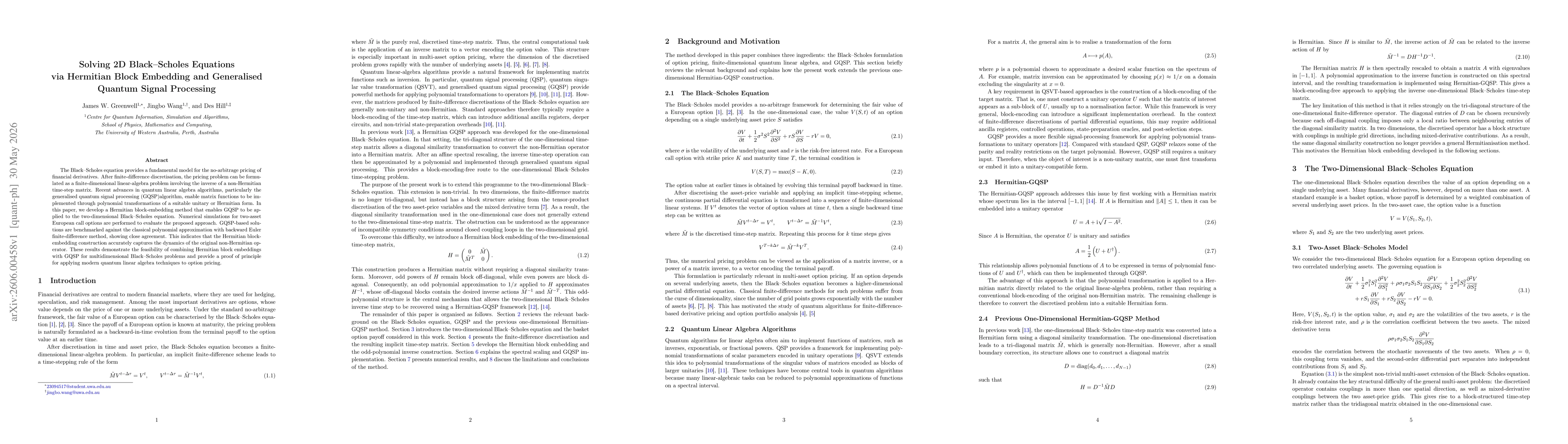 Thumbnail for Solving 2D Black Scholes Equation via Hermitian Block Embedding and Generalised Quantum Signal Processing