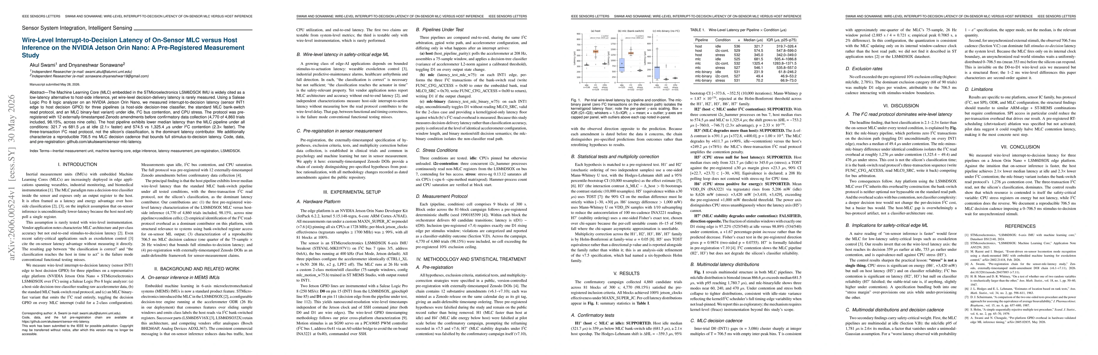 Thumbnail for Wire-Level Interrupt-to-Decision Latency of On-Sensor MLC versus Host Inference on the NVIDIA Jetson Orin Nano: A Pre-Registered Measurement Study