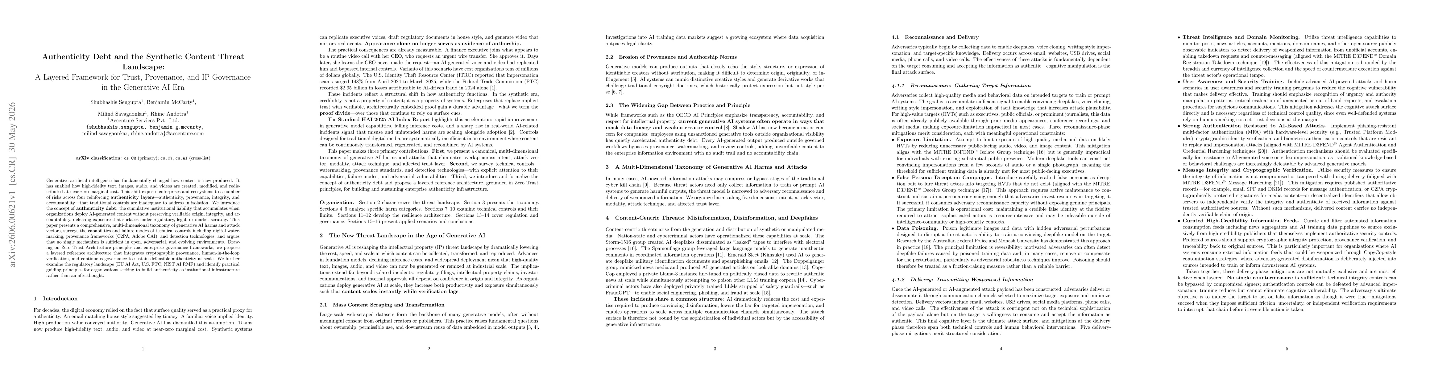 Thumbnail for Authenticity Debt and the Synthetic Content Threat Landscape: A Layered Framework for Trust, Provenance, and IP Governance in the Generative AI Era
