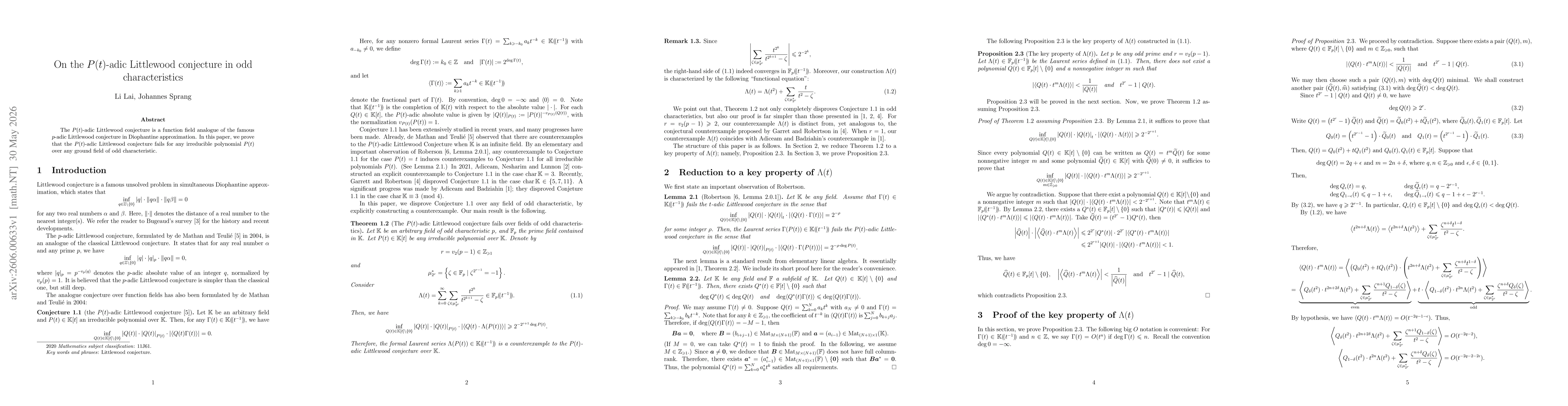 Thumbnail for On the $P(t)$-adic Littlewood conjecture in odd characteristics