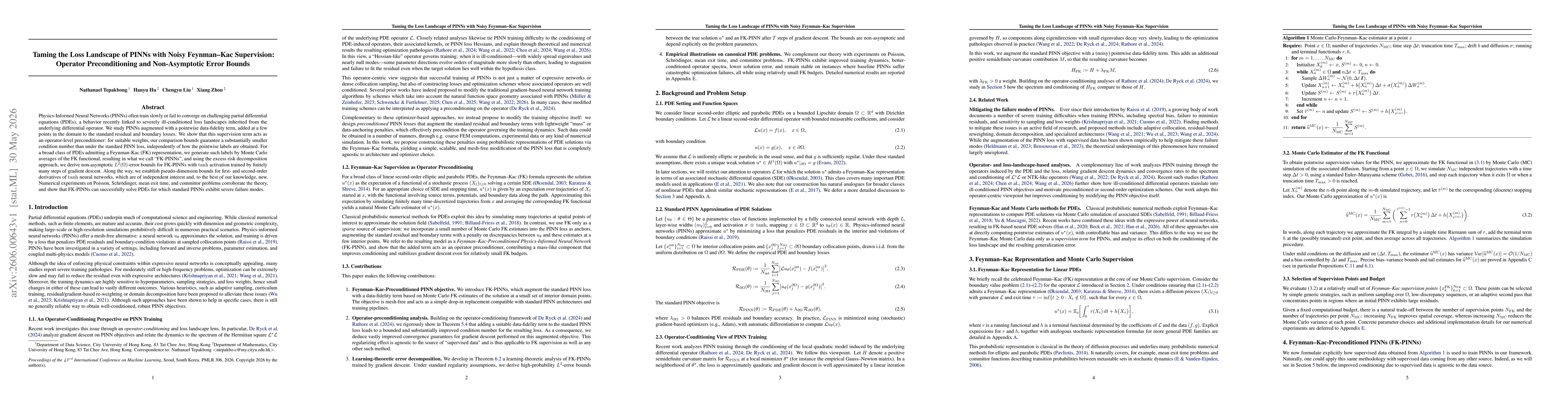 Thumbnail for Taming the Loss Landscape of PINNs with Noisy Feynman-Kac Supervision: Operator Preconditioning and Non-Asymptotic Error Bounds
