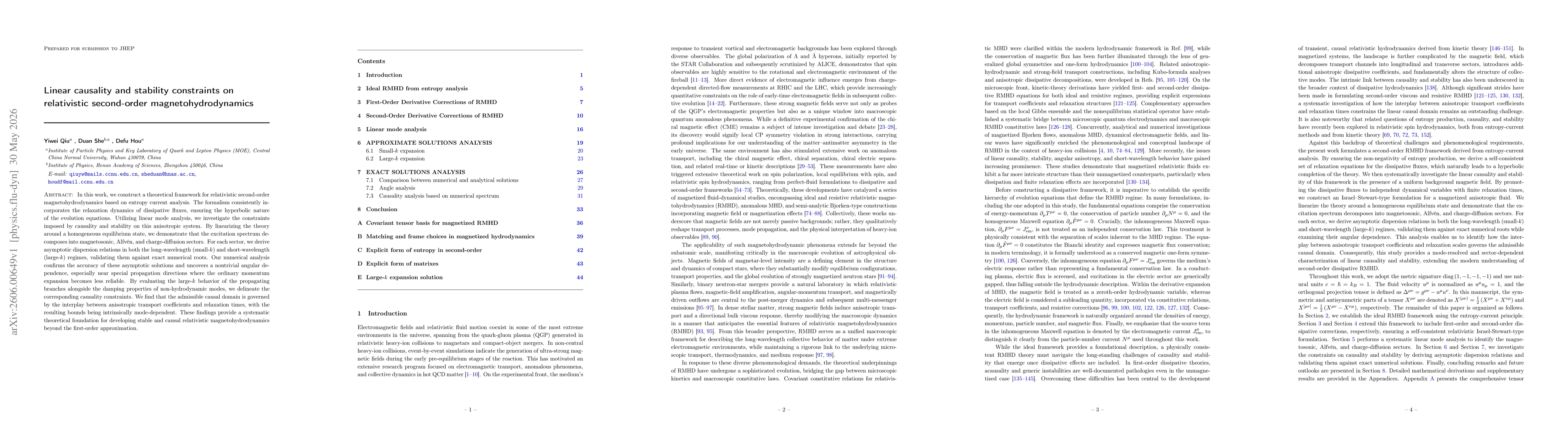 Thumbnail for Linear causality and stability constraints on relativistic second-order magnetohydrodynamics
