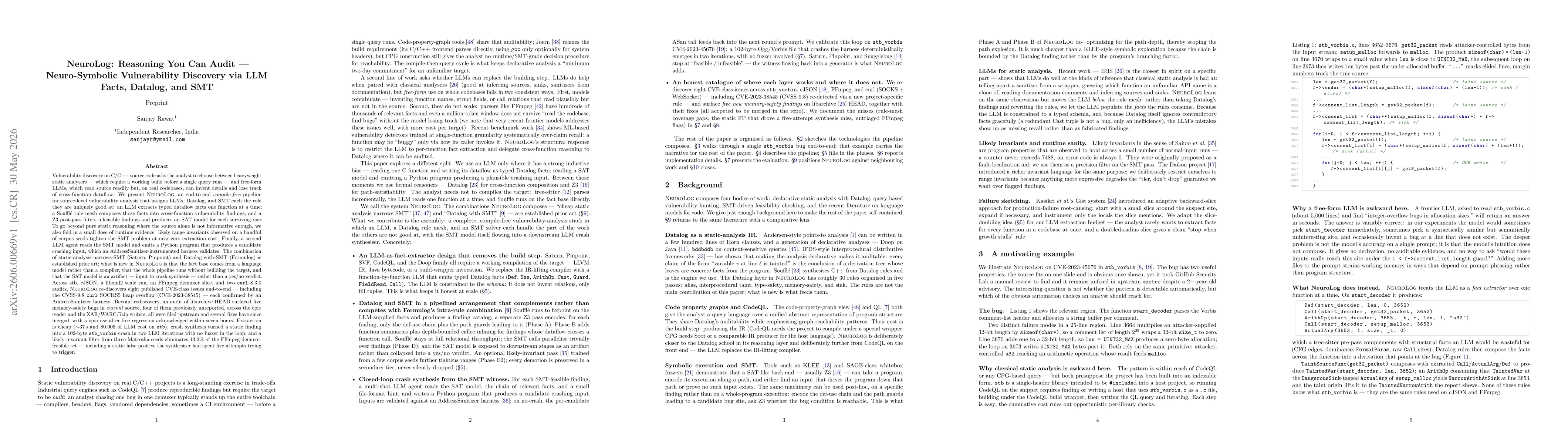 Thumbnail for NeuroLog: Reasoning You Can Audit -- Neuro-Symbolic Vulnerability Discovery via LLM Facts, Datalog, and SMT