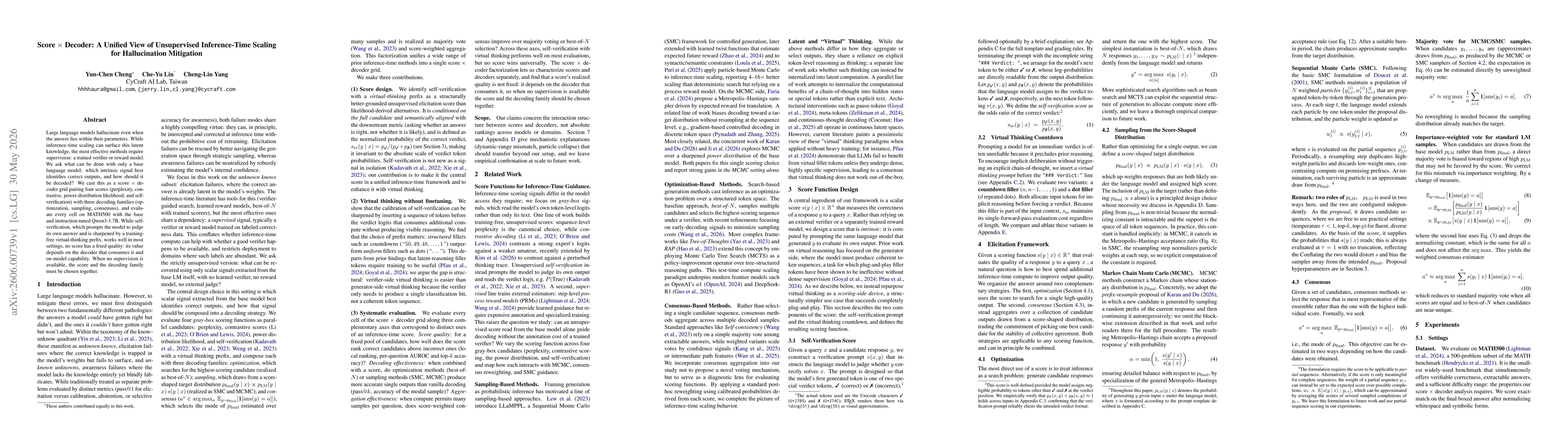 Thumbnail for Score $\times$ Decoder: A Unified View of Unsupervised Inference-Time Scaling for Hallucination Mitigation