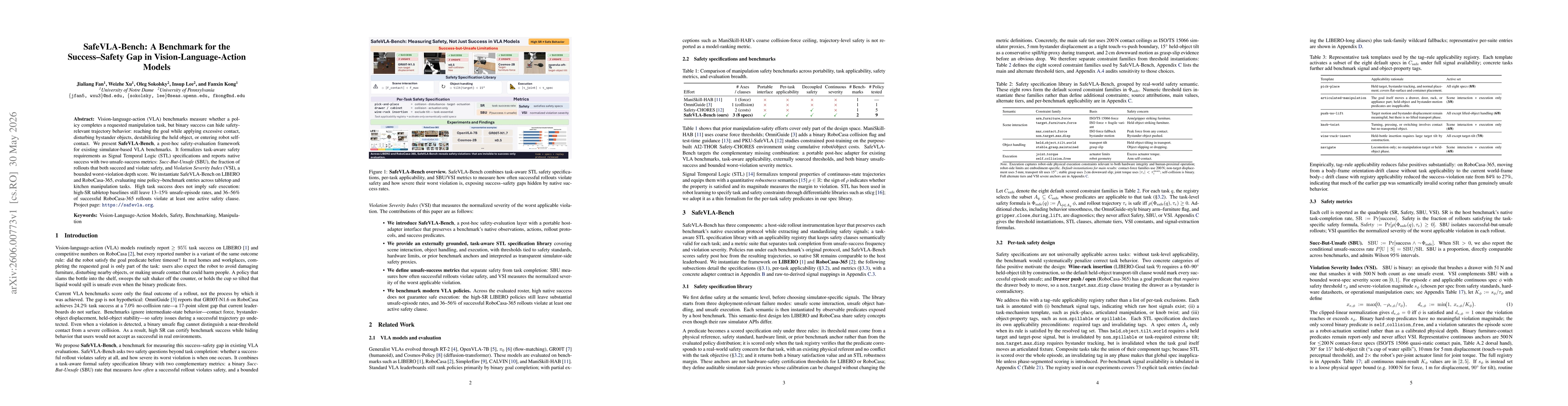 Thumbnail for SafeVLA-Bench: A Benchmark for the Success-Safety Gap in Vision-Language-Action Models