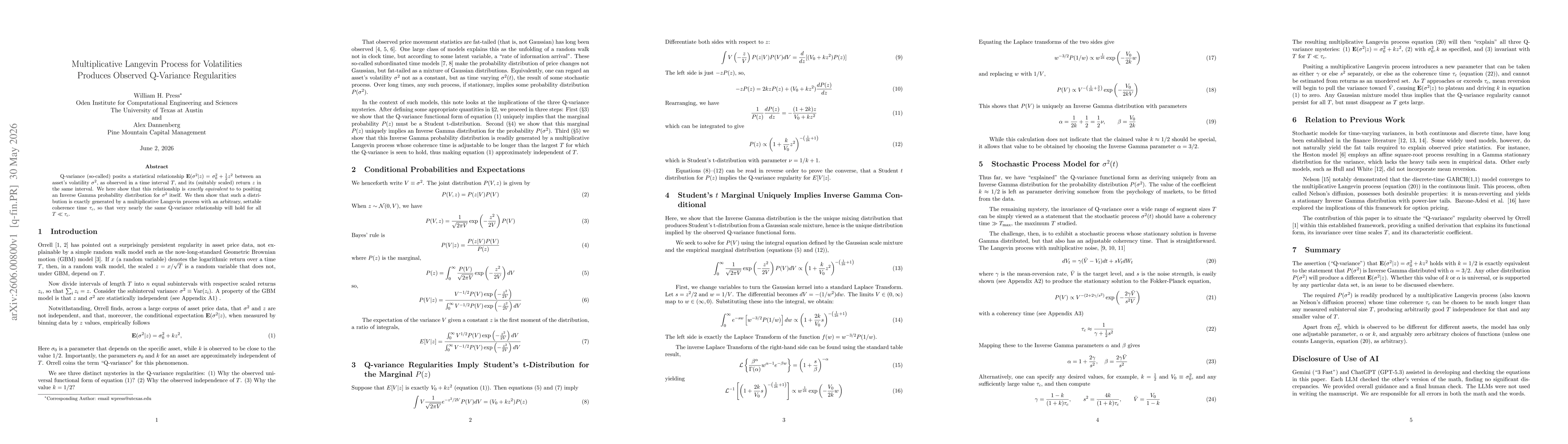 Thumbnail for Multiplicative Langevin Process for Volatilities Produces Observed Q-Variance Regularities