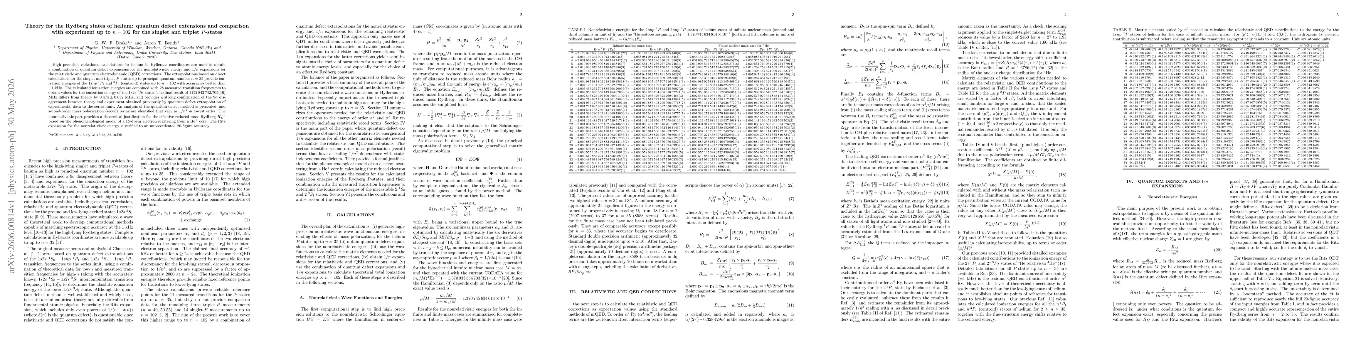 Thumbnail for Theory for the Rydberg states of helium: quantum defect extensions and comparison with experiment up to $n = 102$ for the singlet and triplet $P$-states