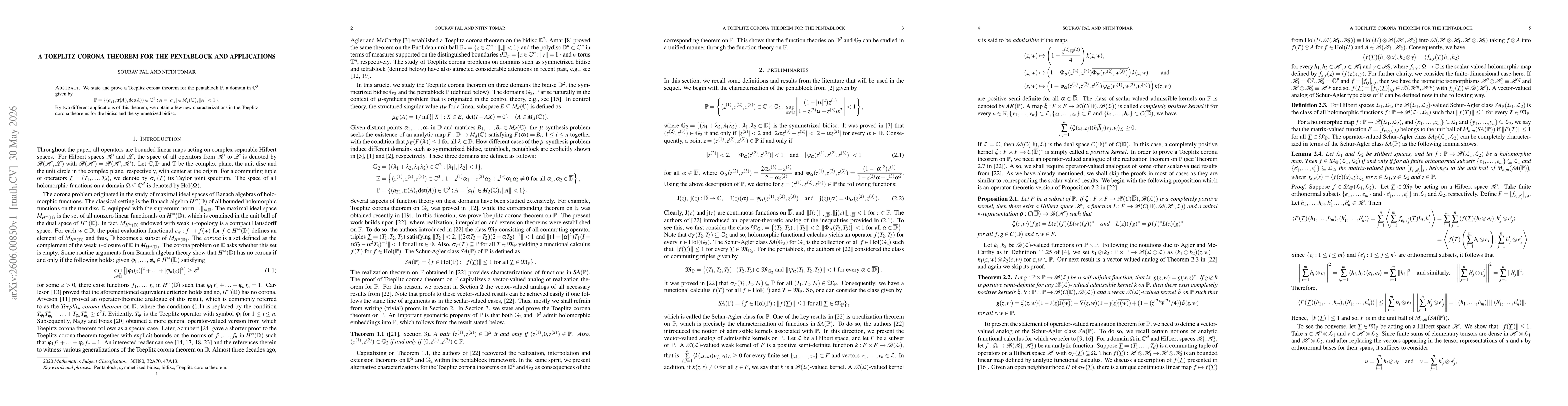 Thumbnail for A Toeplitz corona theorem for the pentablock and applications