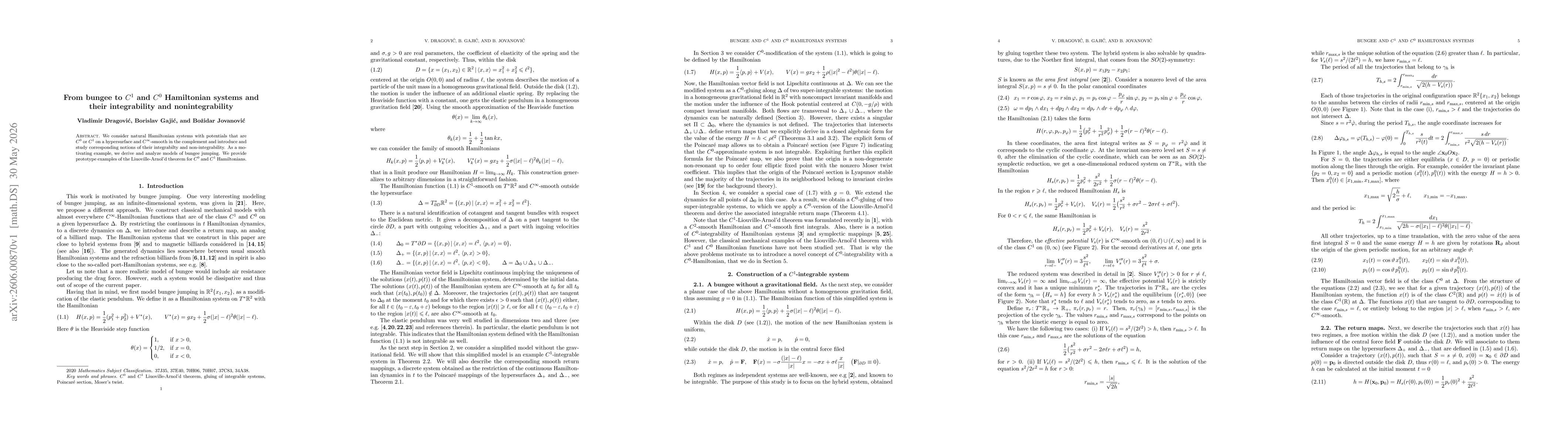 Thumbnail for From bungee to $C^1$ and $C^0$ Hamiltonian systems and their integrability and nonintegrability