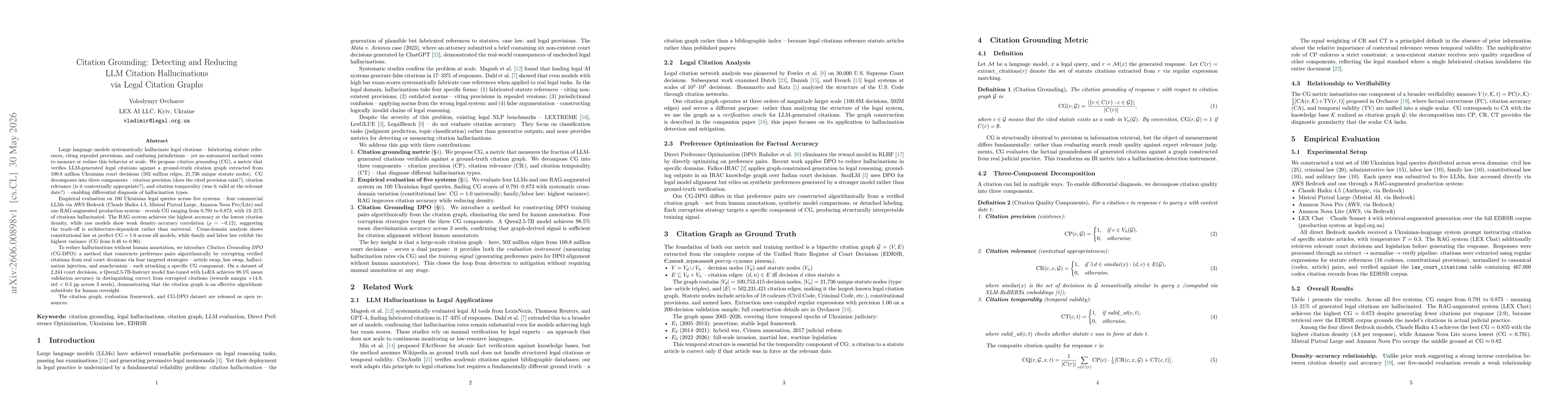 Thumbnail for Citation Grounding: Detecting and Reducing LLM Citation Hallucinations via Legal Citation Graphs