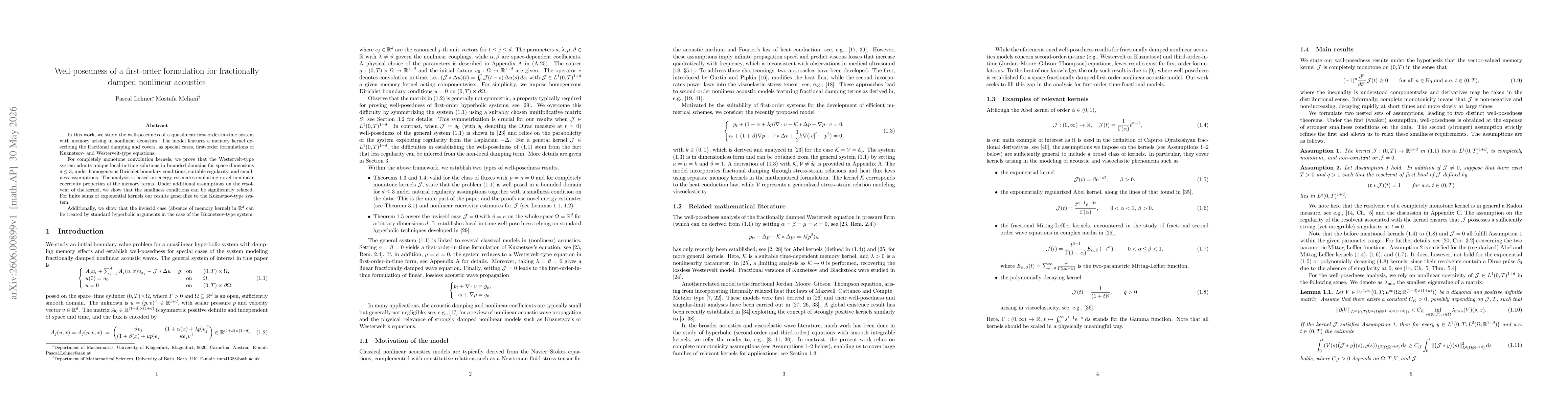 Thumbnail for Well-posedness of a first-order formulation for fractionally damped nonlinear acoustics