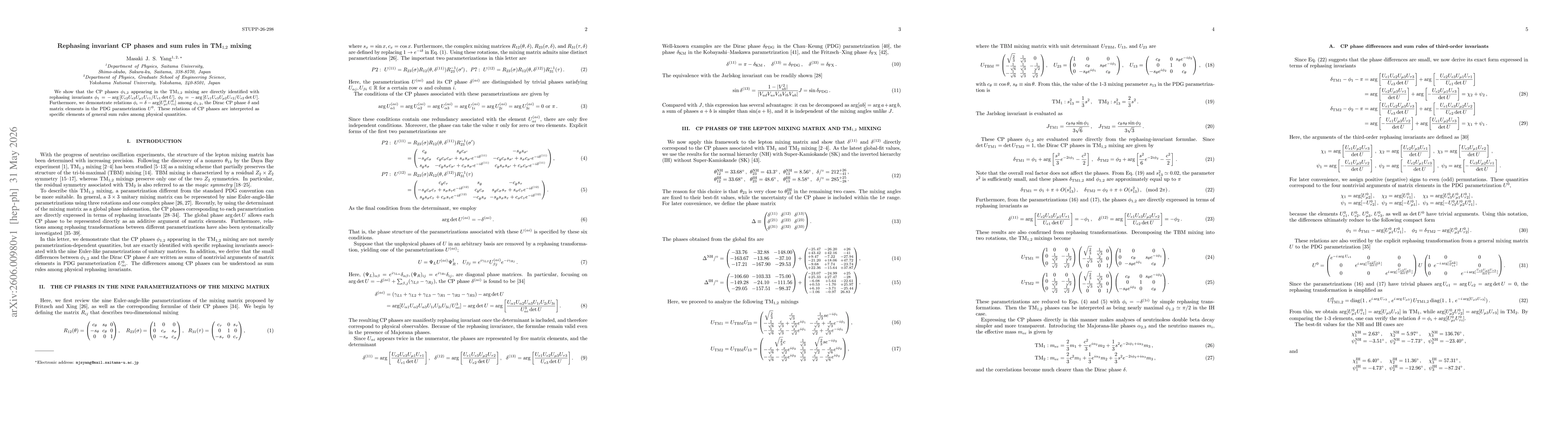 Thumbnail for Rephasing invariant CP phases and sum rules in TM$_{1,2}$ mixing
