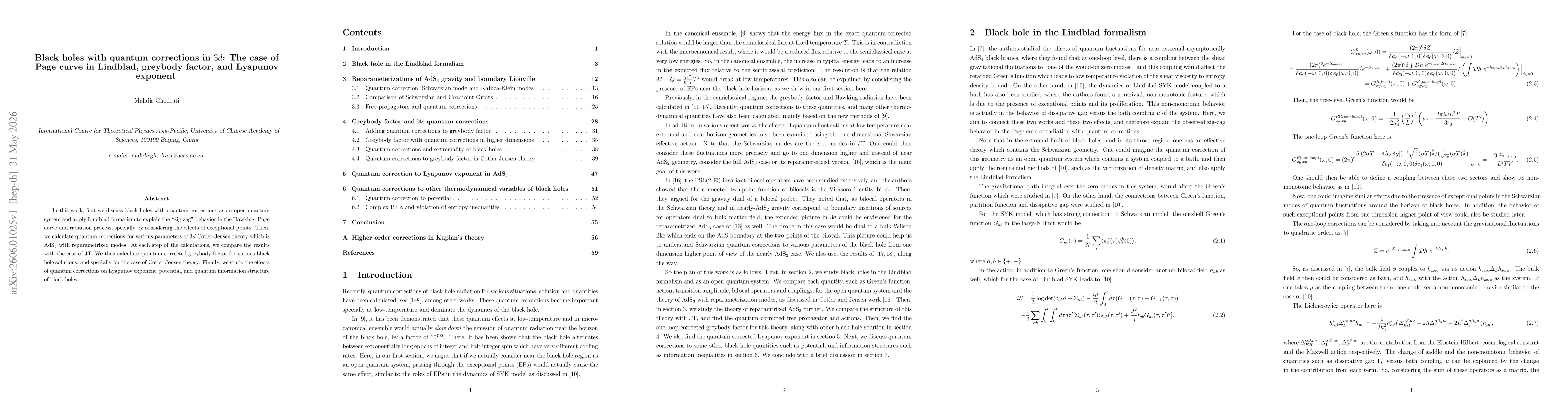 Thumbnail for Black holes with quantum corrections in $3d$: The case of Page curve in Lindblad, greybody factor, and Lyapunov exponent