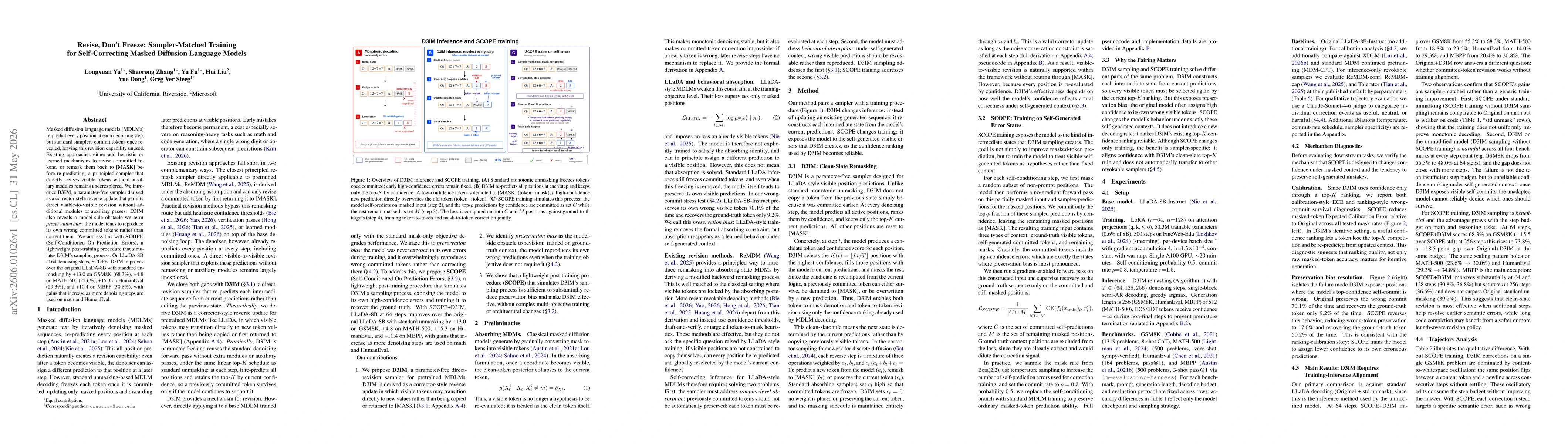 Thumbnail for Revise, Don't Freeze: Sampler-Matched Training for Self-Correcting Masked Diffusion Language Models