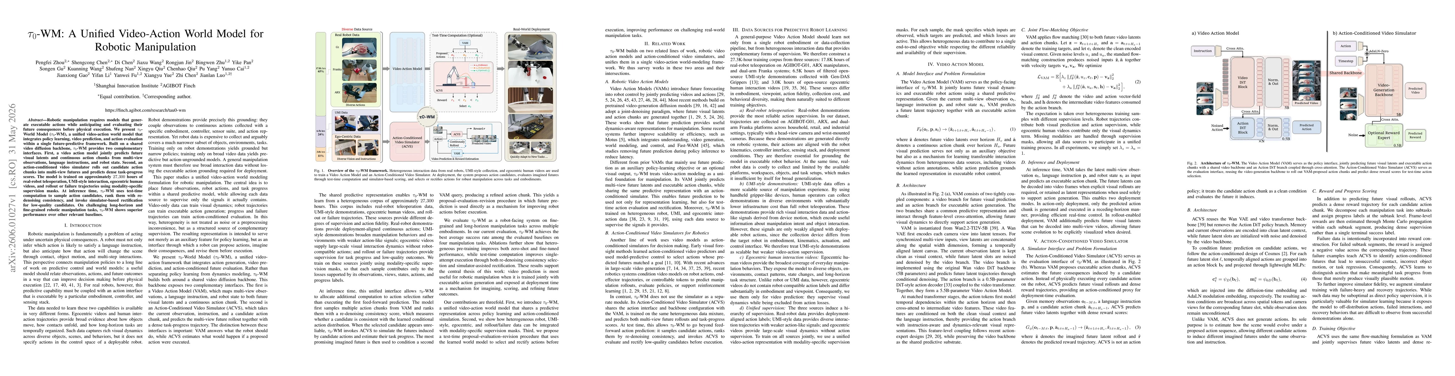 Thumbnail for $τ_0$-WM: A Unified Video-Action World Model for Robotic Manipulation