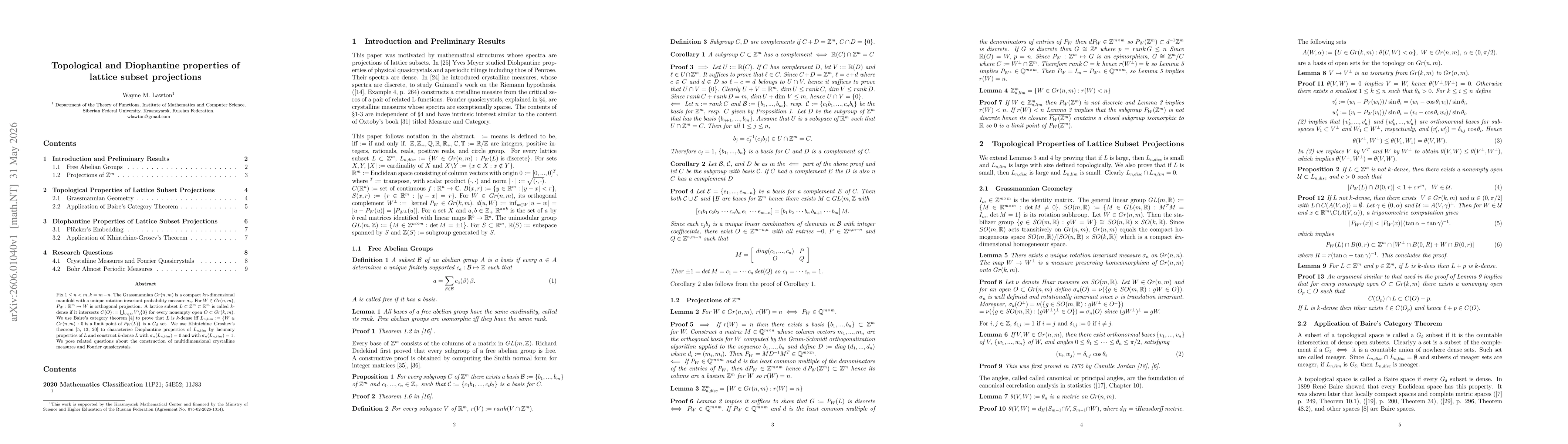 Thumbnail for Topological and Diophantine properties of lattice subset projections
