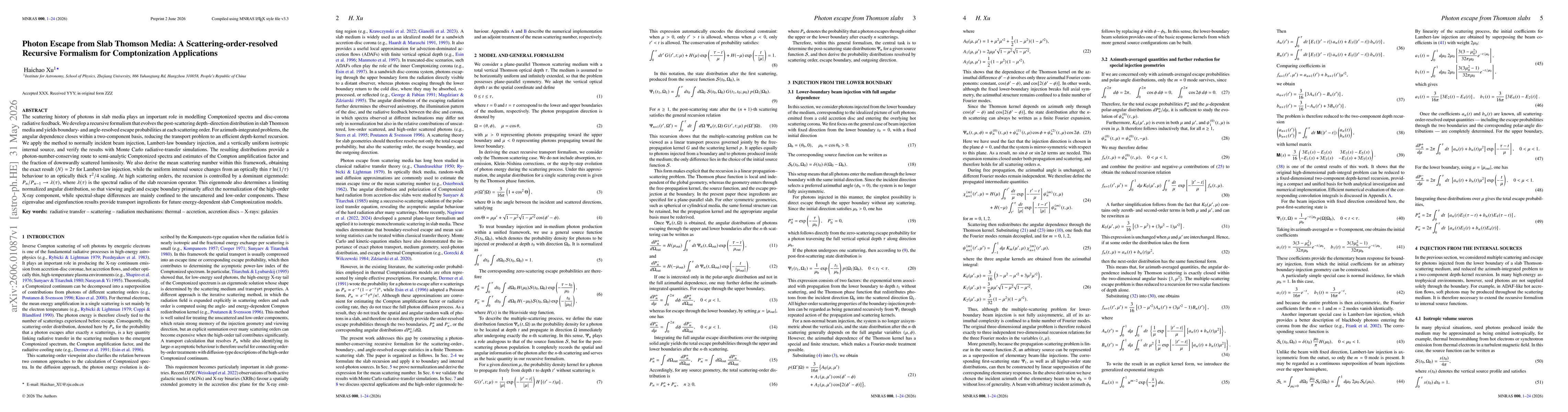 Thumbnail for Photon Escape from Slab Thomson Media: A Scattering-order-resolved Recursive Formalism for Comptonization Applications