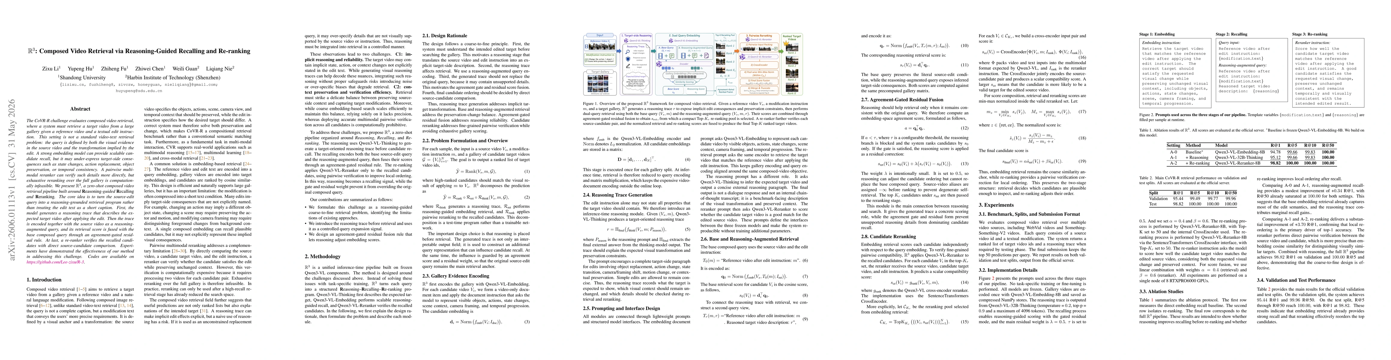Thumbnail for R^3: Composed Video Retrieval via Reasoning-Guided Recalling and Re-ranking