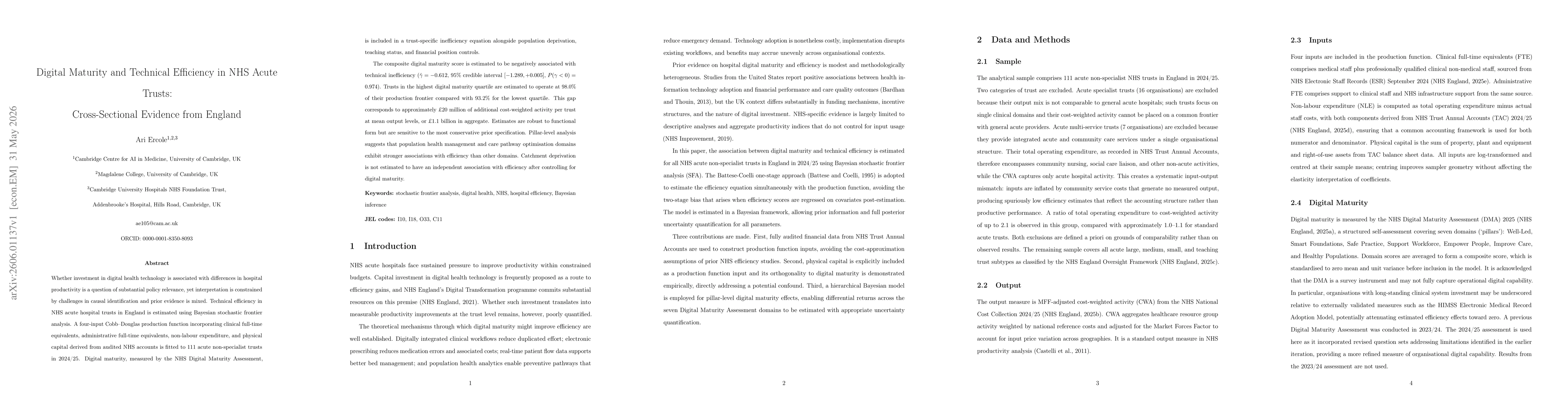 Thumbnail for Digital Maturity and Technical Efficiency in NHS Acute Trusts: Cross-Sectional Evidence from England