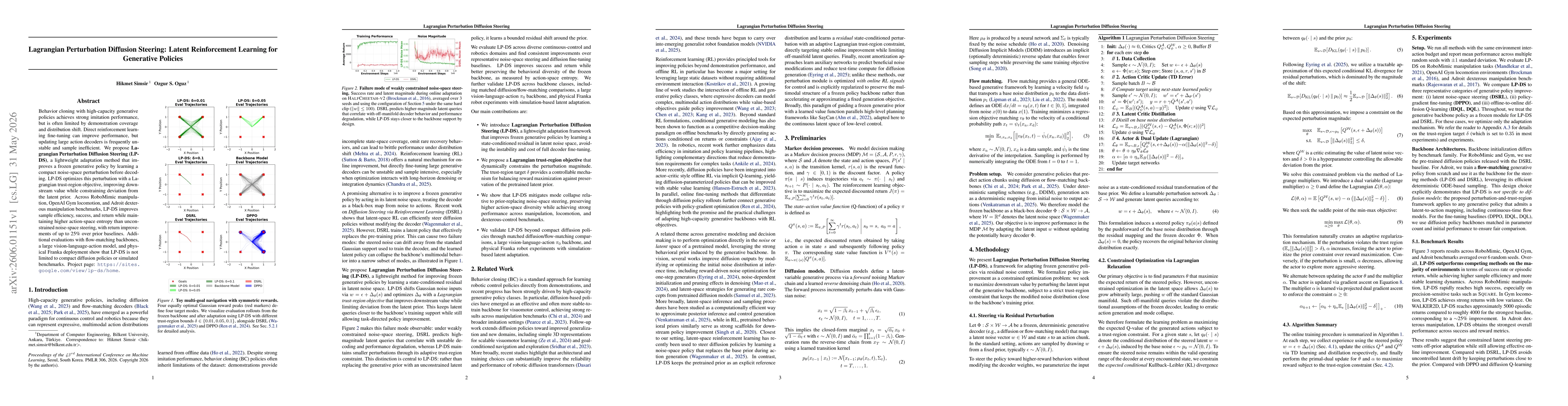Thumbnail for Lagrangian Perturbation Diffusion Steering: Latent Reinforcement Learning for Generative Policies