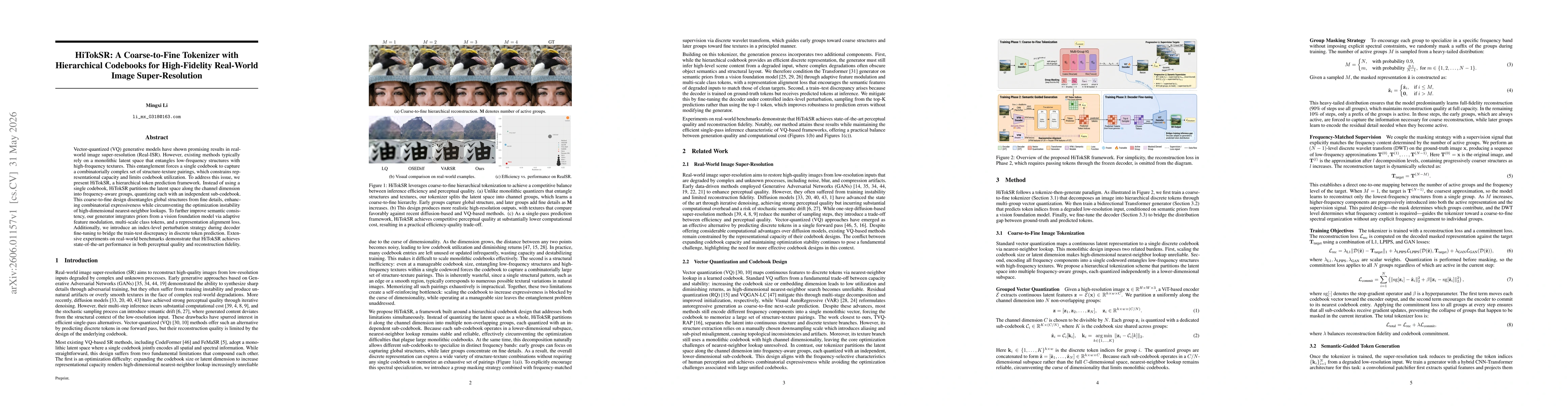 Thumbnail for HiTokSR: A Coarse-to-Fine Tokenizer with Hierarchical Codebooks for High-Fidelity Real-World Image Super-Resolution