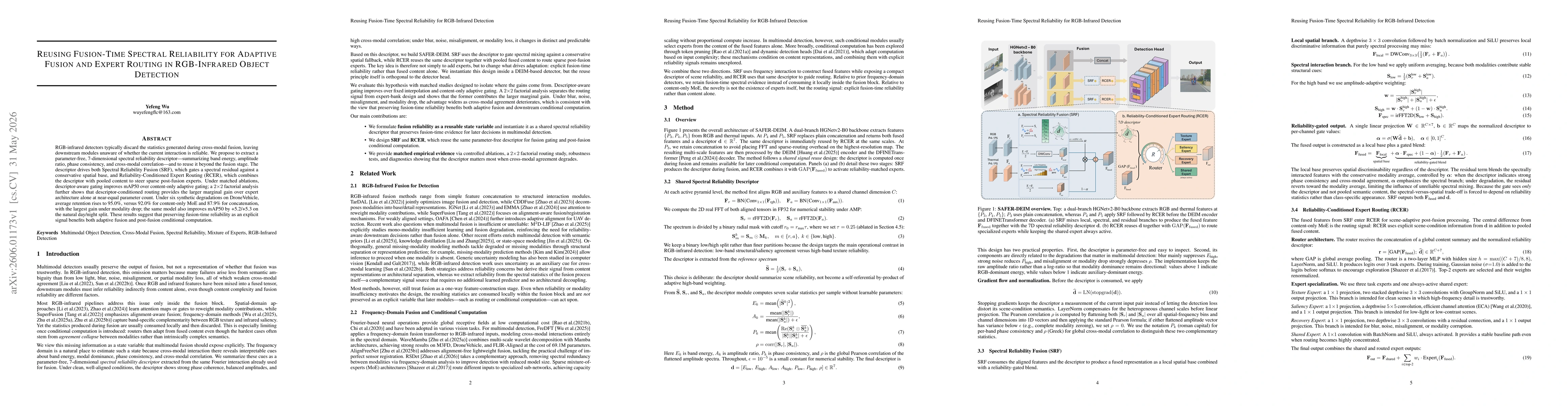 Thumbnail for Reusing Fusion-Time Spectral Reliability for Adaptive Fusion and Expert Routing in RGB-Infrared Object Detection
