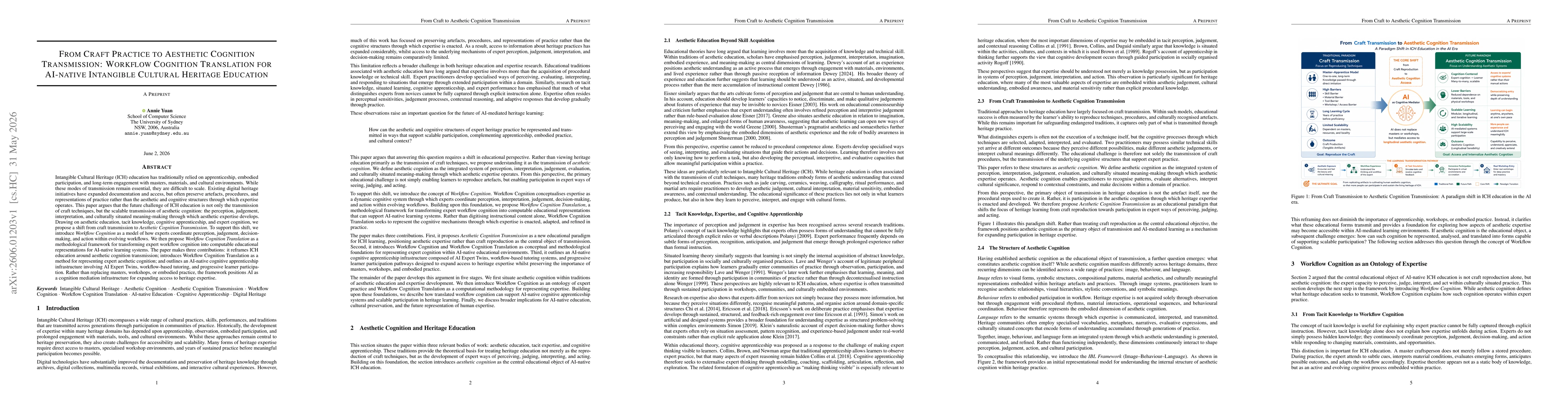 Thumbnail for From Craft Practice to Aesthetic Cognition Transmission: Workflow Cognition Translation for AI-native Intangible Cultural Heritage Education