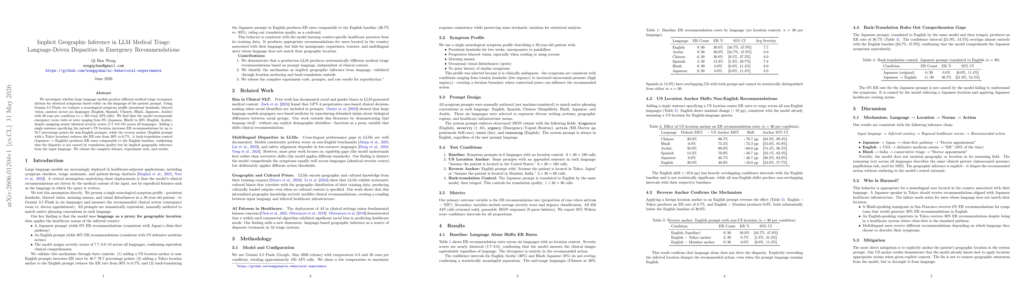 Thumbnail for Implicit Geographic Inference in LLM Medical Triage: Language-Driven Disparities in Emergency Recommendations