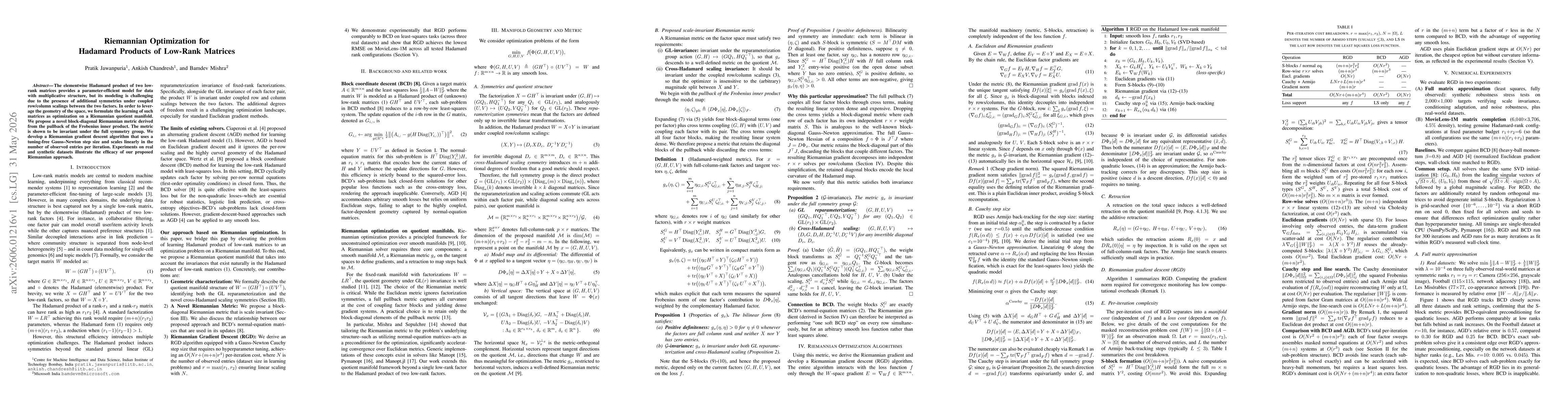 Thumbnail for Riemannian Optimization for Hadamard Products of Low-Rank Matrices