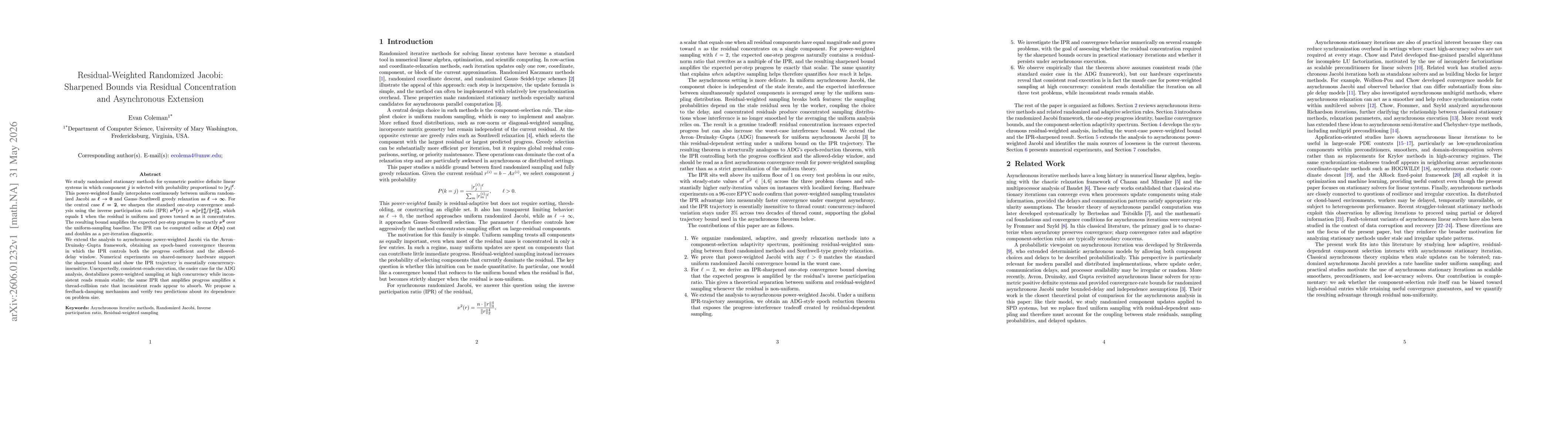 Thumbnail for Residual-Weighted Randomized Jacobi: Sharpened Bounds via Residual Concentration and Asynchronous Extension