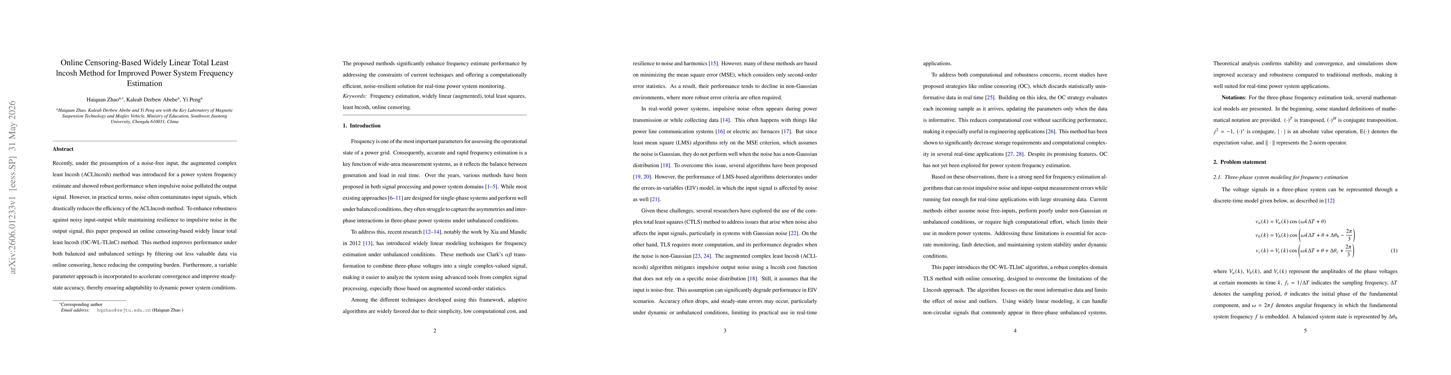 Thumbnail for Online Censoring-Based Widely Linear Total Least lncosh Method for Improved Power System Frequency Estimation